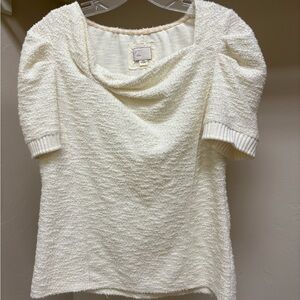 Anthropologie Cream Asymmetrical Textured Short-Sleeve Sweater